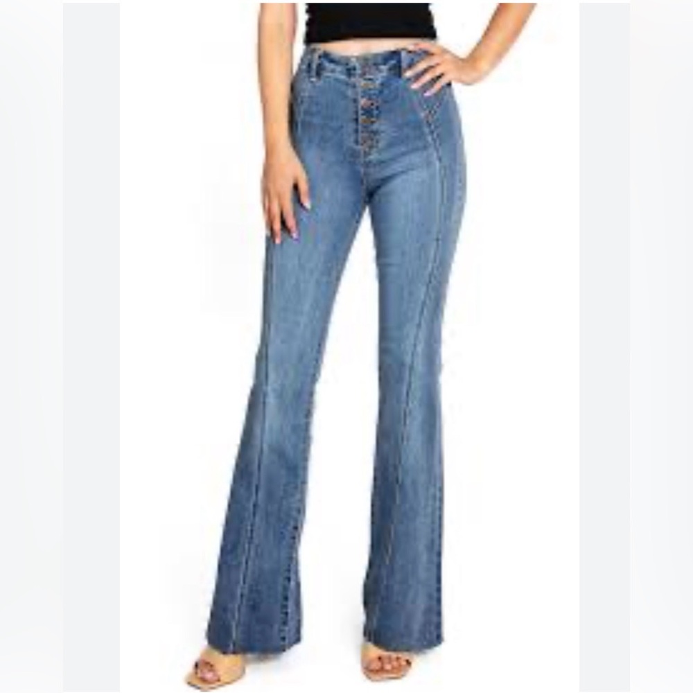 Cello Women's Mid-Blue High-Rise Flare Jeans exposed button fly raw hem sz 28